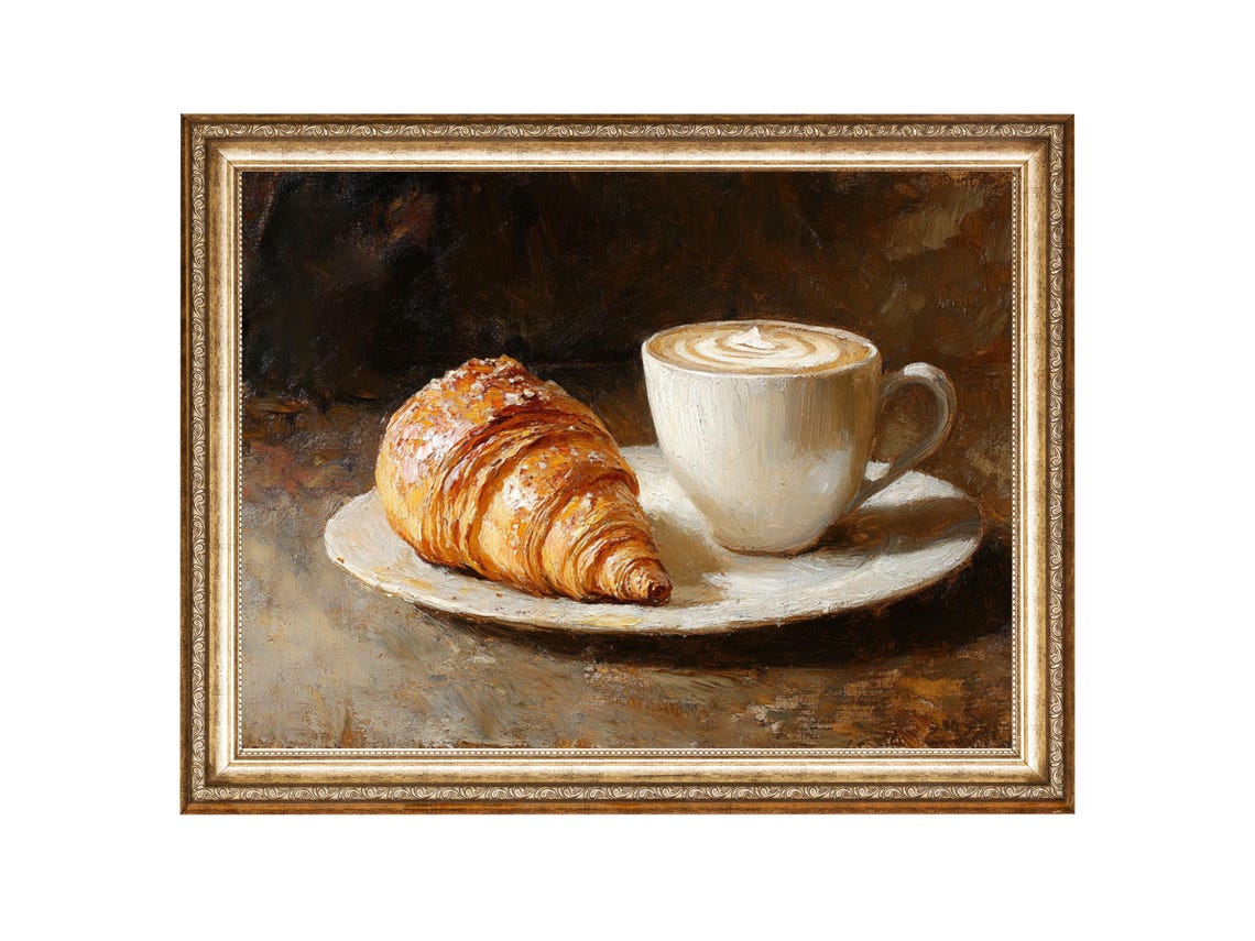 French Croissant And Coffee Vintage Still Life Art Print