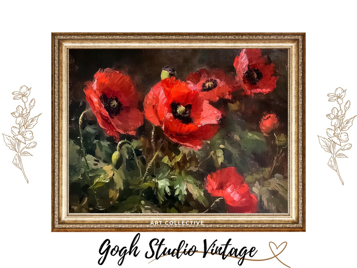 Red Poppies Flower Print Poppy Art Oil Painting Farmhouse Decor Fine Art Oil Painting Wall Art