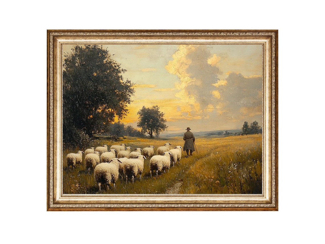 Shepherd With Sheep At Sunset, Vintage Oil Painting