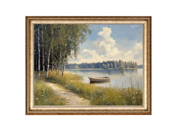 Lake And Boat Oil Painting Birch Forest Landscape Wall Art Cottage Core Art Vintage Painting Wall Art Prints