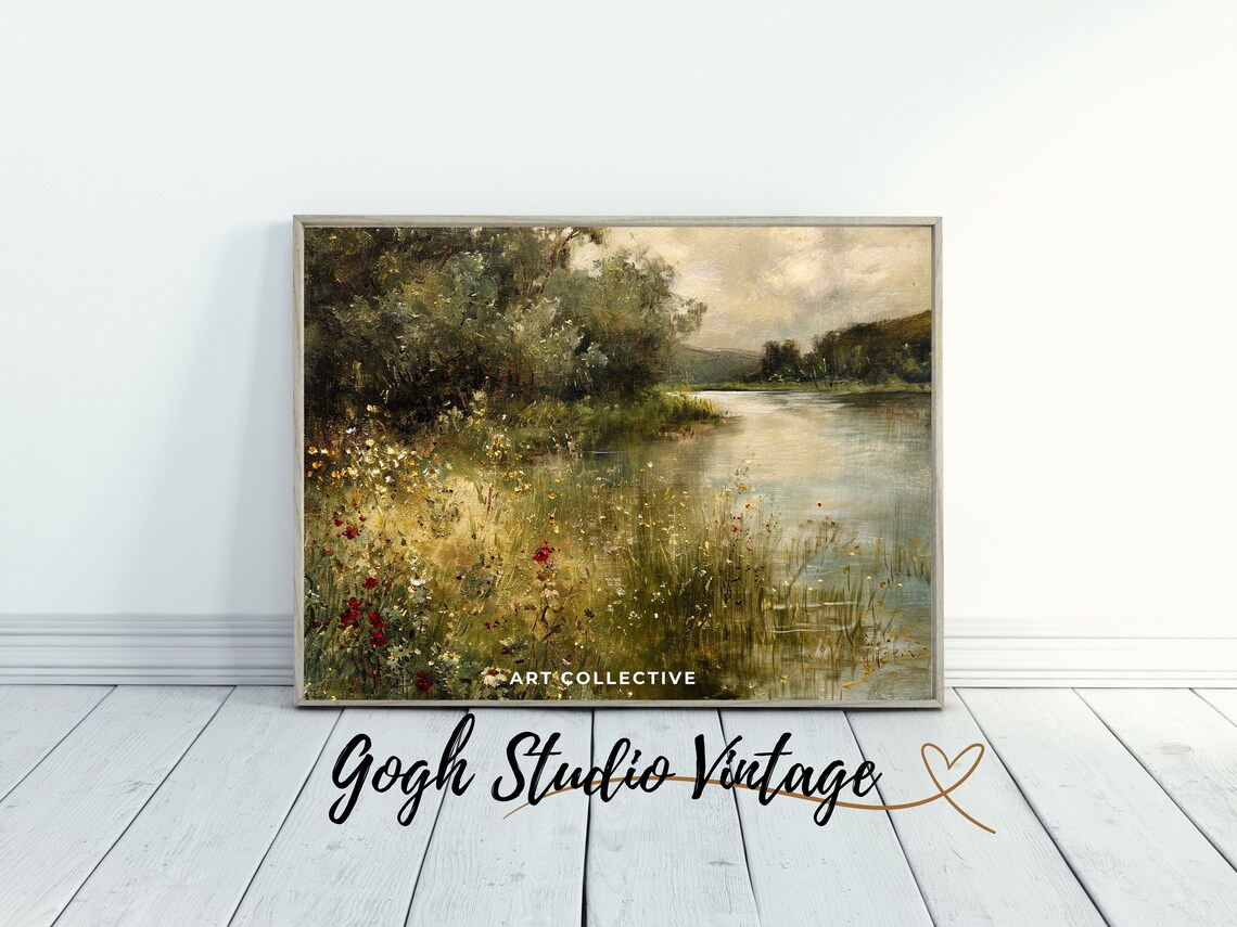 Nature River Landscape, Vintage Oil Painting - Image 3