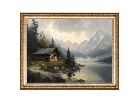 Cabin Lake Art Print Mountain Landscape Painting Wilderness Vintage Oil Painting Cottagecore Wall Art Wall Art Prints