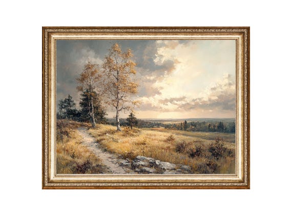 Tree Landscape Field Painting Birch Tree Print Oil Painting Cottage Core Art Best Gifts Vintage Painting Art Prints