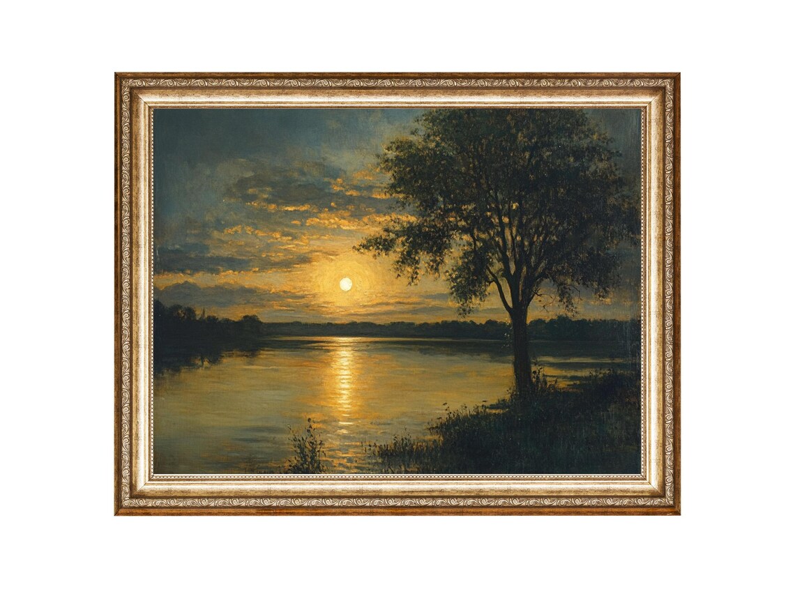 Full Moon Over Lake At Night Moody Landscape Painting Poster