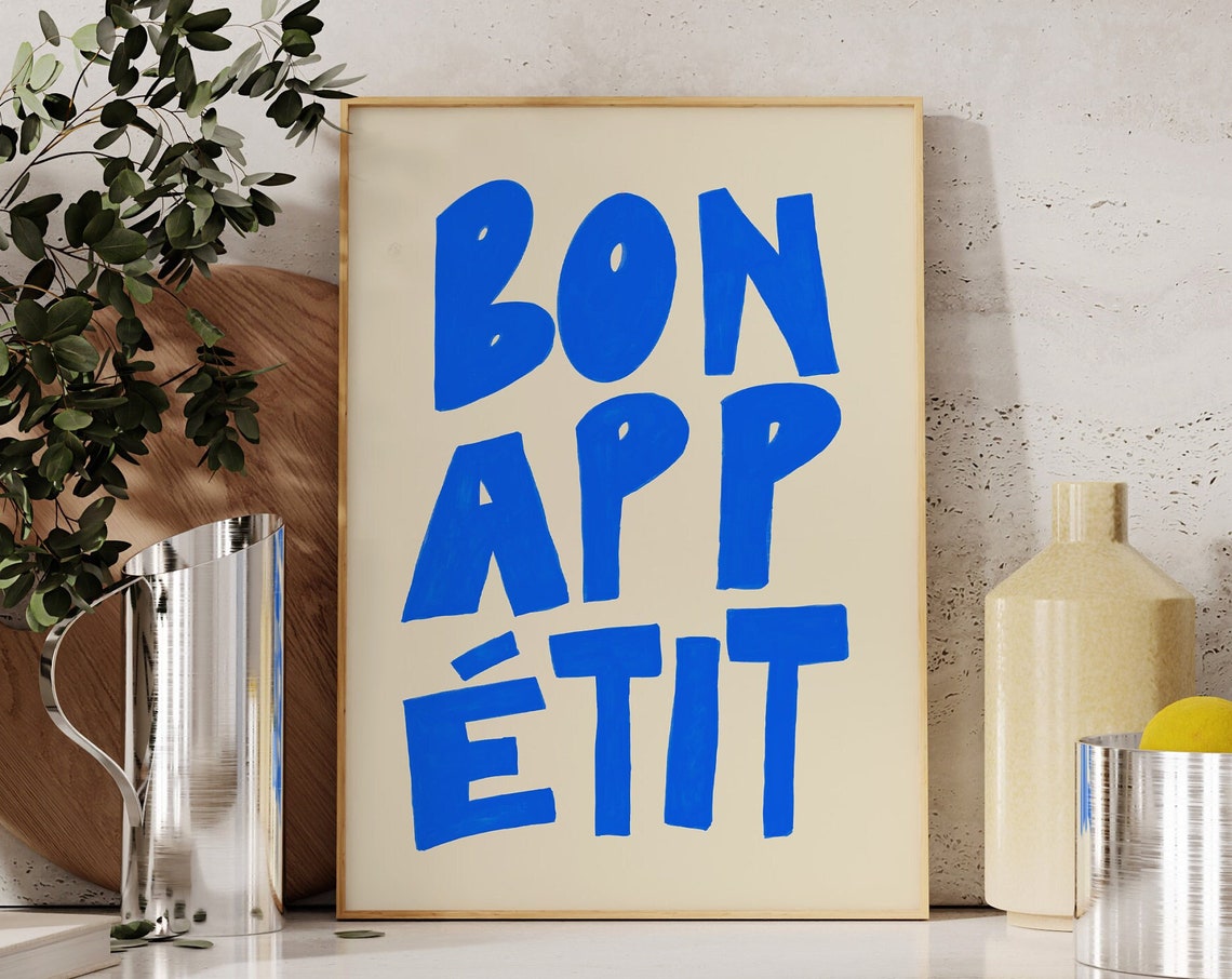 Bon Appetit Bold Blue French Quote Kitchen Typography Poster