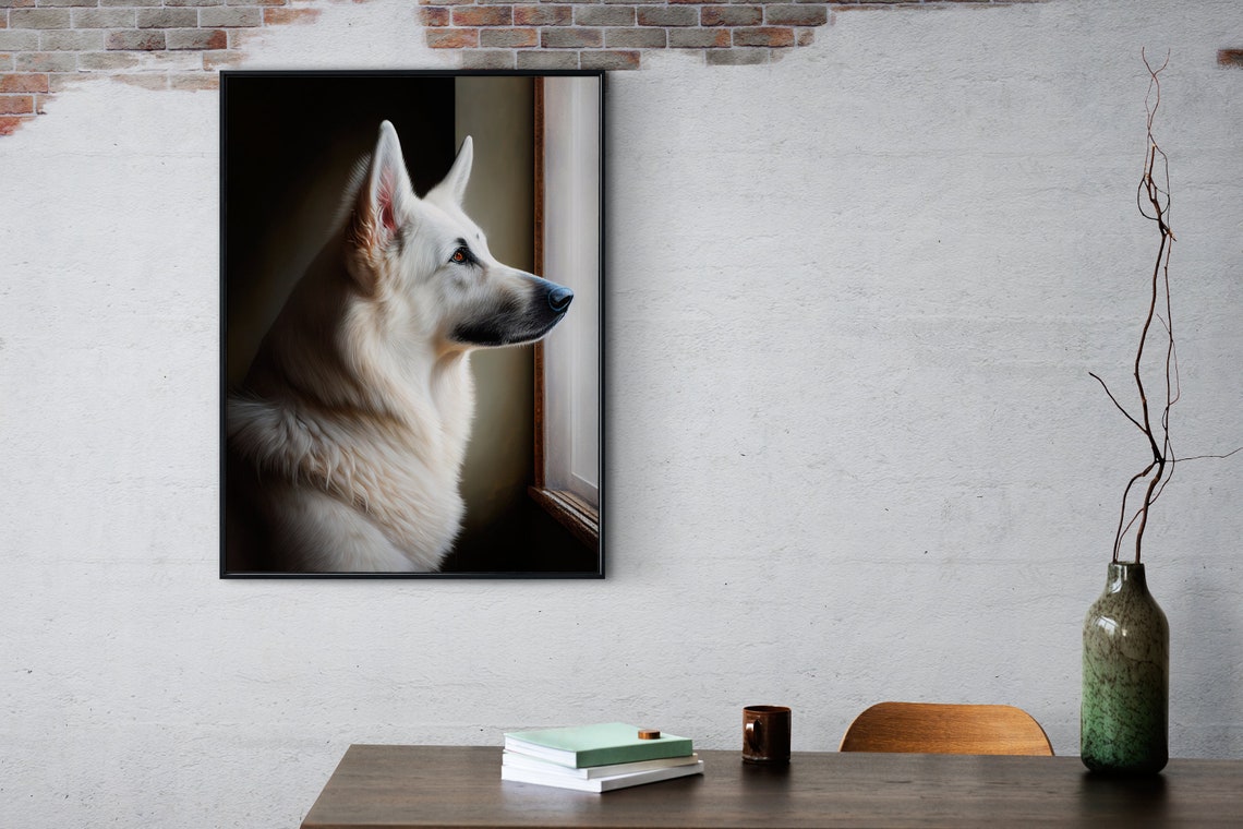 White German Shepherd Profile Gazing Out the Window Art Poster - Image 3