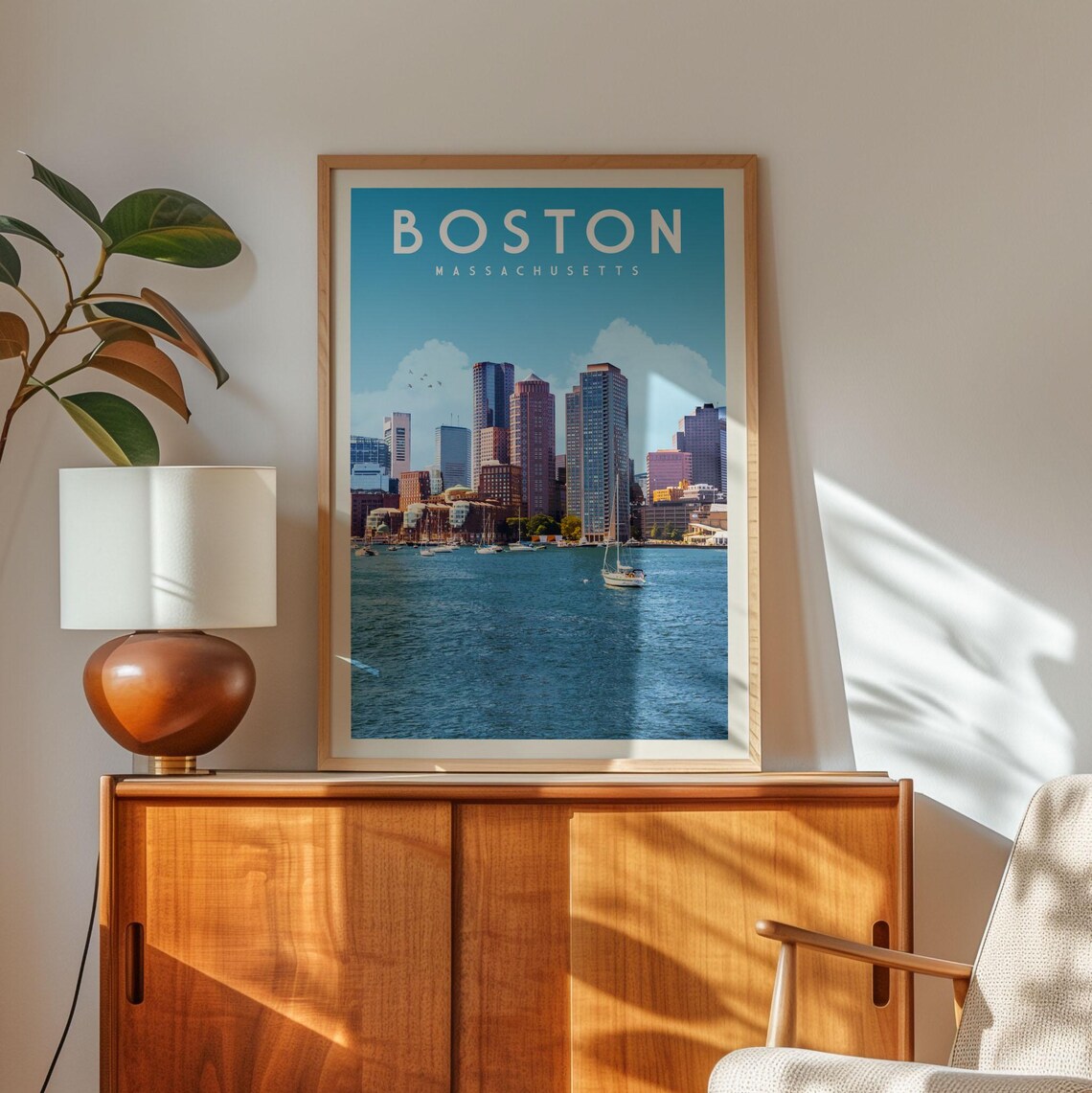 Boston City Skyline Retro Vintage Art Print