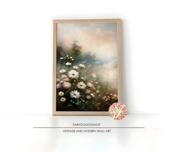 White Wildflowers Misty Meadow Soft Floral Oil Painting Poster