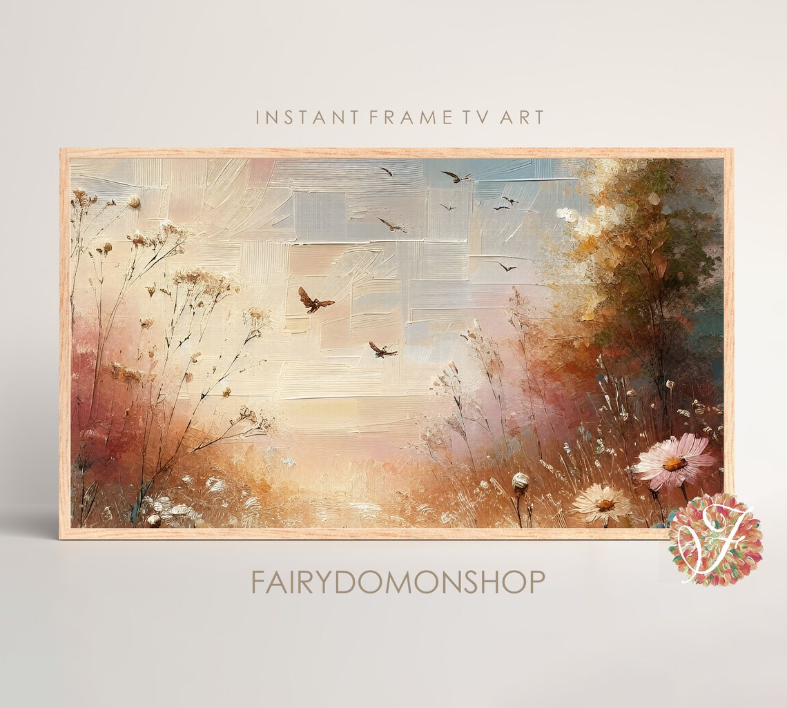 Sunset Field Birds Grasses Pink Flowers Abstract Oil Painting Poster
