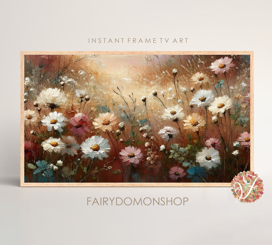 White Daisy Field Warm Golden Light Floral Oil Painting Poster
