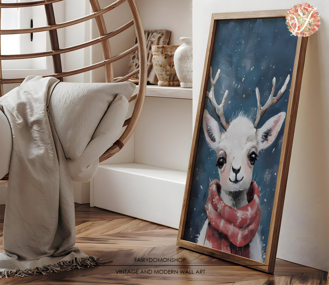 Baby Deer Red Scarf Poster Sweet Snowy Night Woodland Fawn Decor Art - Image 3