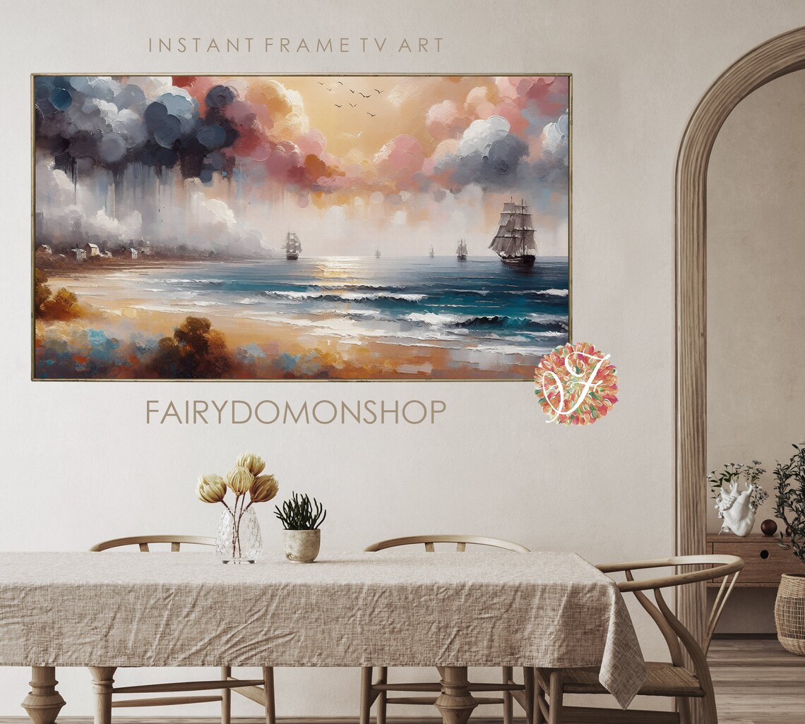 Vintage Tall Ships Coastal Seascape Golden Beach Oil Painting Poster - Image 2
