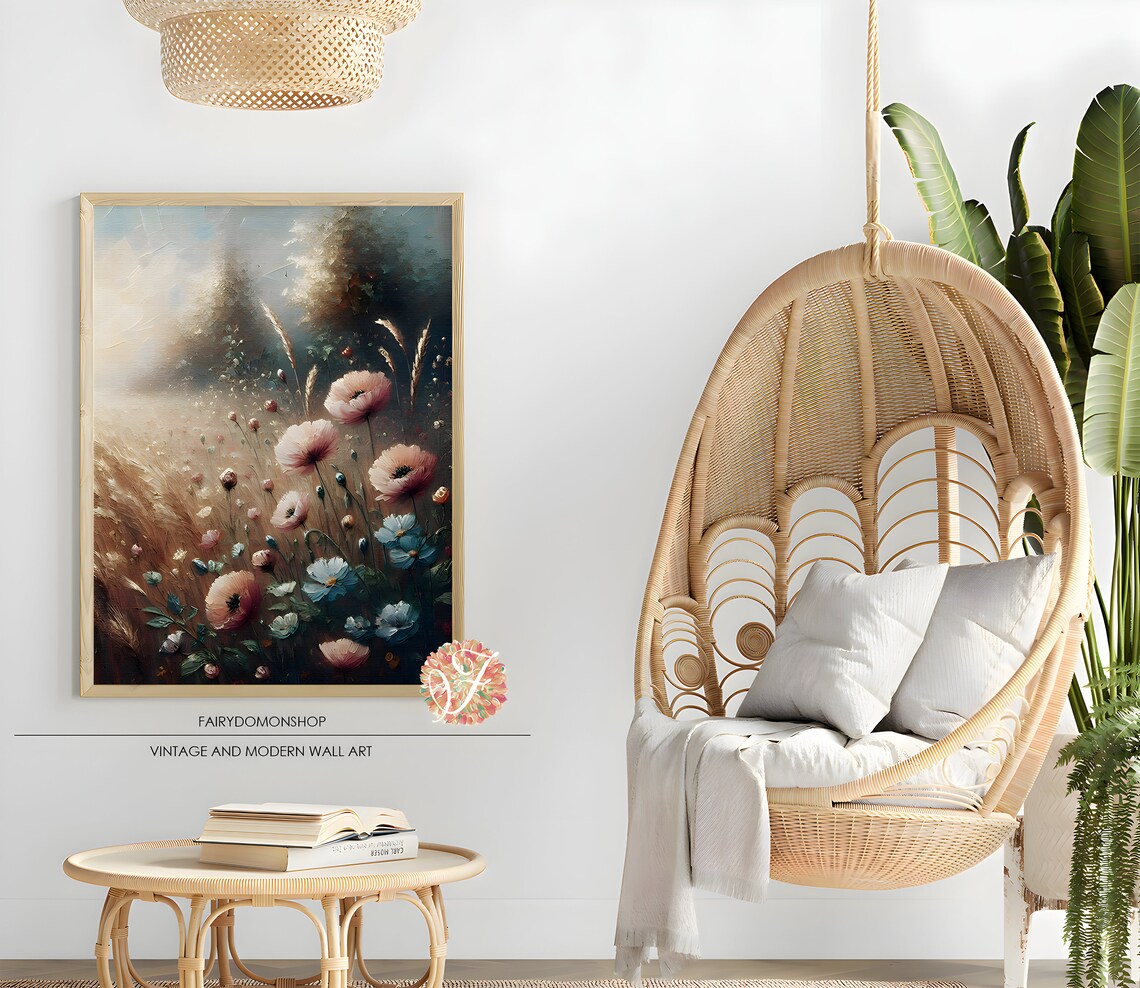 Pink Cosmos Wildflowers Golden Grass Field Oil Painting Poster - Image 2