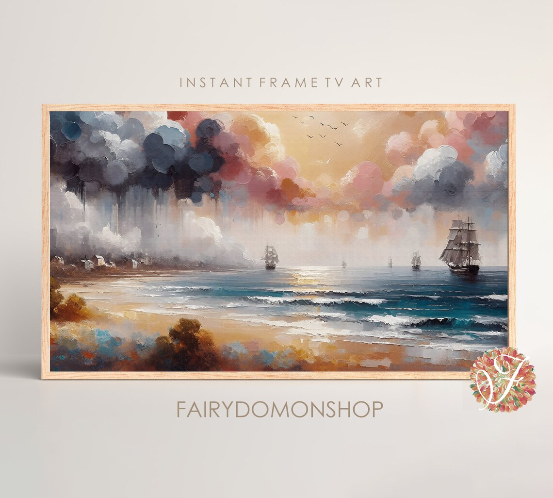 Vintage Tall Ships Coastal Seascape Golden Beach Oil Painting Poster