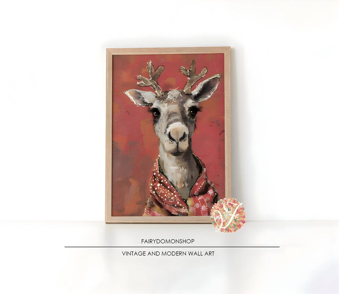 Deer Portrait Red Scarf Poster Bold Crimson Watercolor Holiday Decor
