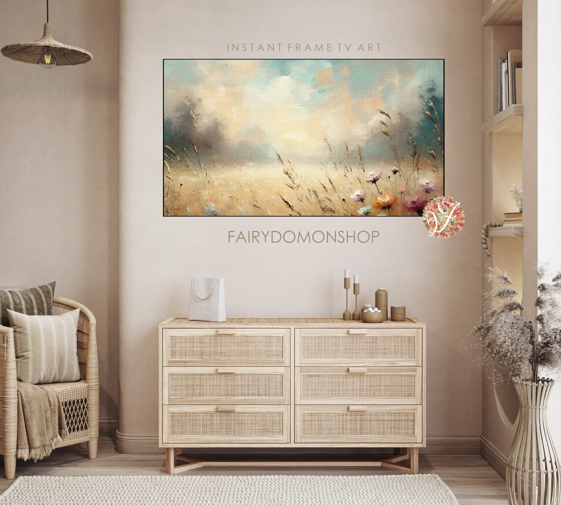 Golden Grass Field Turquoise Sky Wildflowers Oil Painting Poster - Image 3