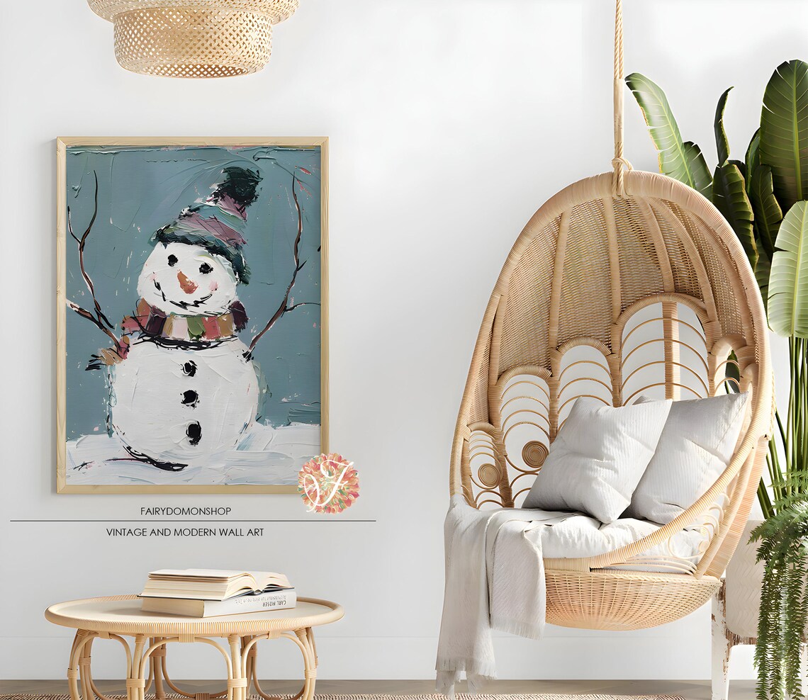 Smiling Snowman Impasto Poster Cheerful Winter Holiday Kids Room Decor - Image 2