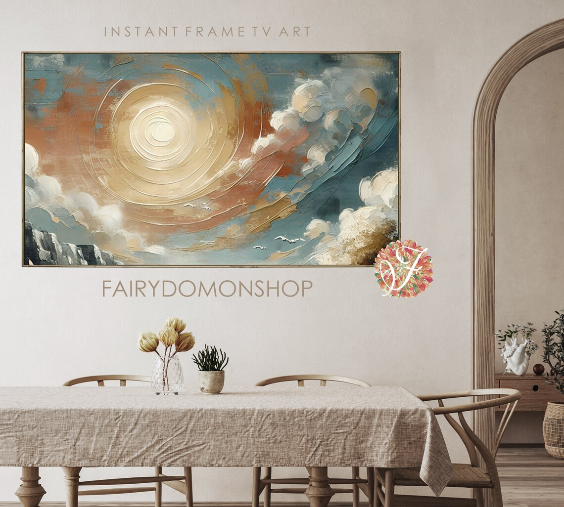 Radiant Sun Swirling Clouds Seagulls Blue Sky Oil Painting Poster - Image 2