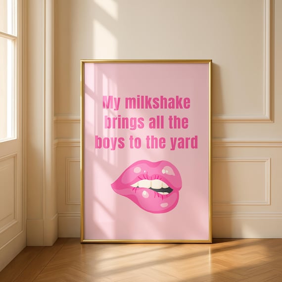 Milkshake Lyric Poster Pink Lips Wall Art 90s Music Print Dopamine Decor Minimalist Funny Quote