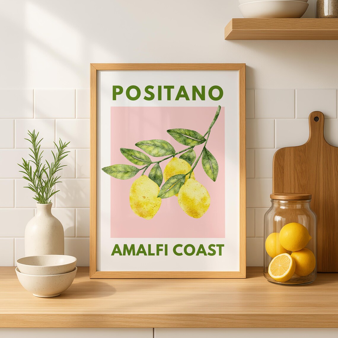 Positano Amalfi Coast Lemon Watercolor Italy Kitchen Art Poster
