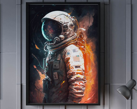 Astronaut Profile US Flag Patch Orange Smoke Cosmic Art Poster