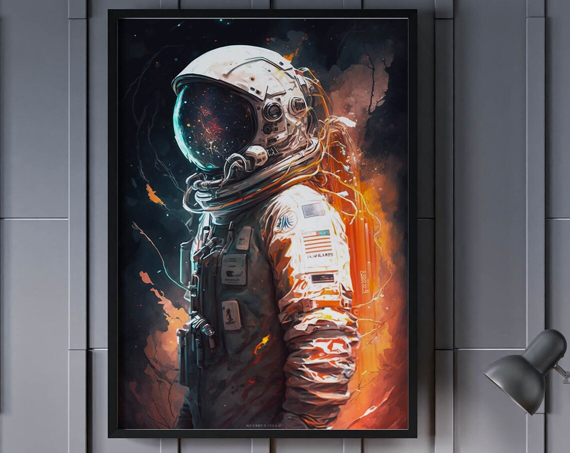 Astronaut Profile US Flag Patch Orange Smoke Cosmic Art Poster