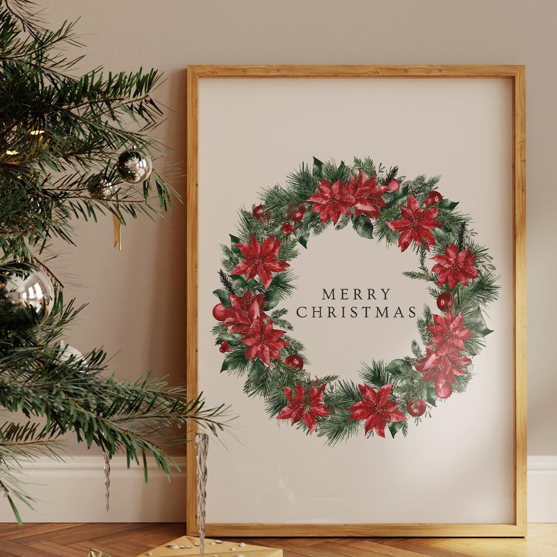 Merry Christmas Vintage Holiday Poster, Poinsettia Wreath