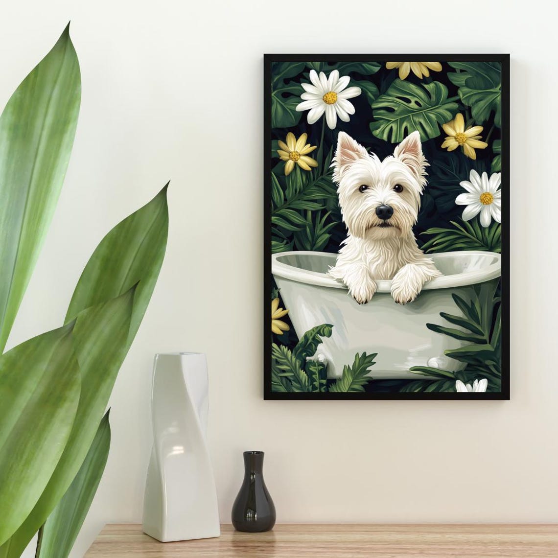 Westie in Bathtub Tropical Flowers Funny Dog Bathroom Art Poster - Image 2