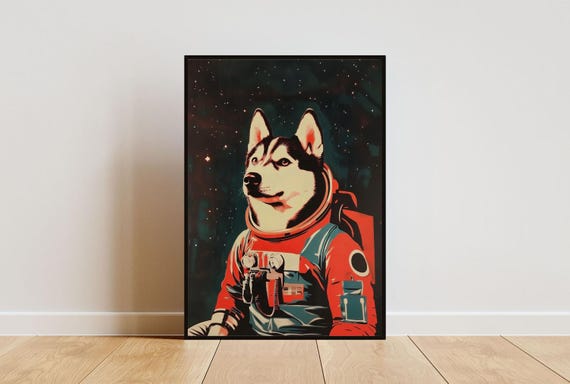 Husky Astronaut Poster Husky Retro Print Siberian Husky Portrait Dog Retro Space Poster Funny Dog Poster Pet Andy Warhol Style Print