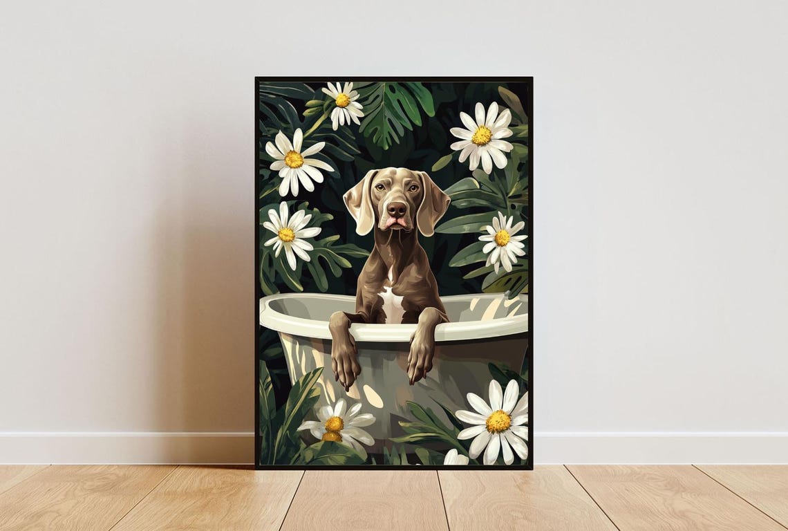 Weimaraner Dog Funny Bathtub Daisy Vintage Botanical Art Poster
