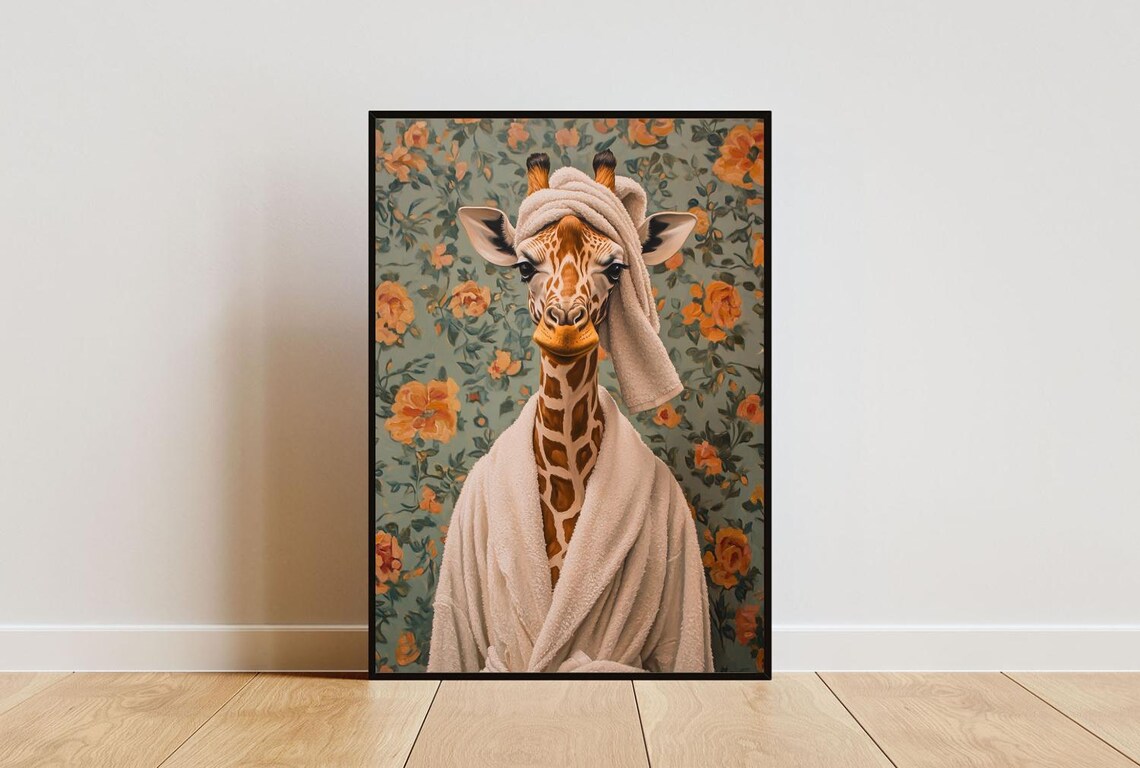 Giraffe In Bathrobe Animal Bathroom Poster Art Print