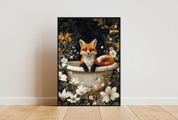Fox In Bathtub Poster Funny Animal Poster Fox Bathroom Print Fox Bath Poster Animal Bathroom Wall Art Animal Print Fox Poster Mr Fox