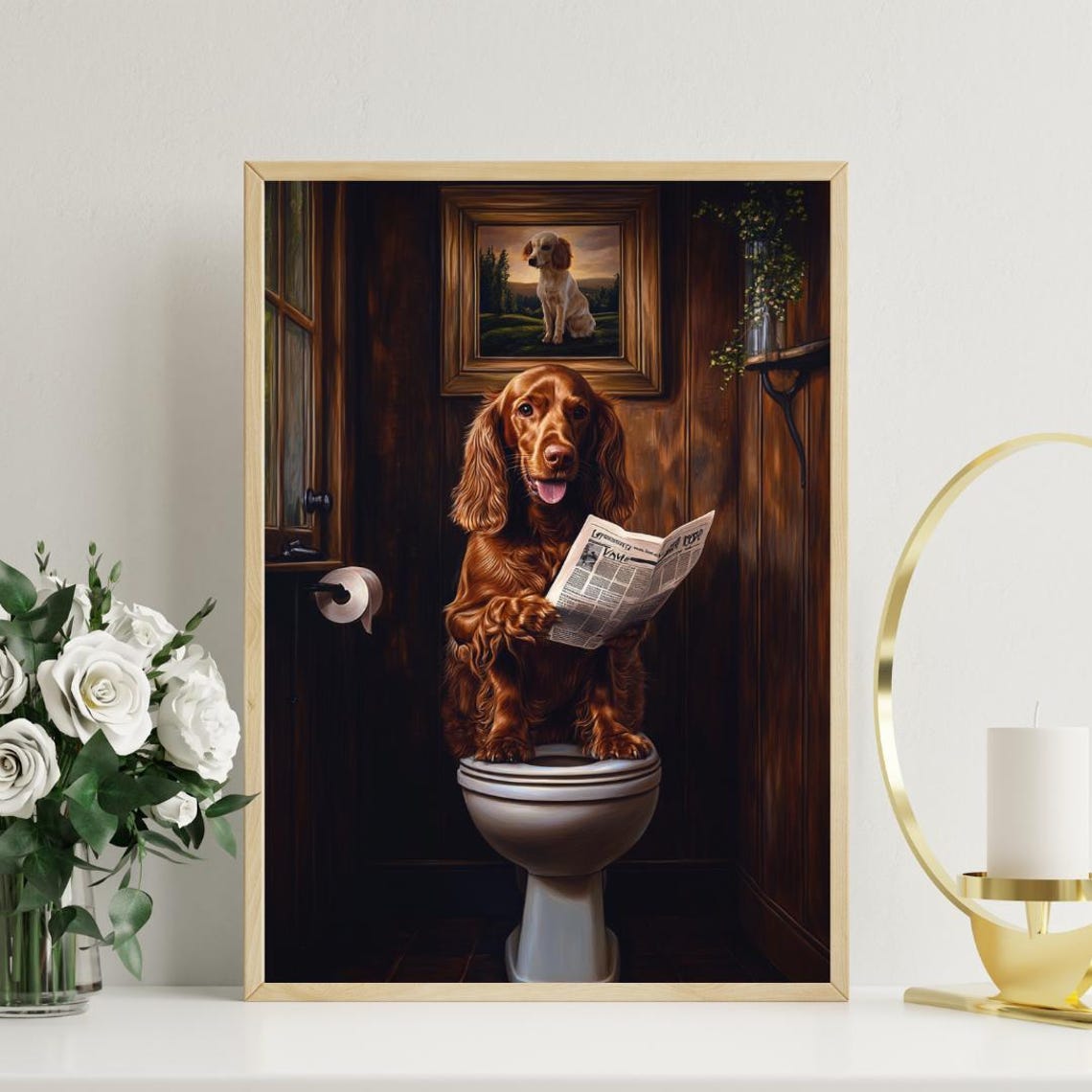 Irish Setter Reading Newspaper On Toilet Funny Bathroom Poster - Image 3