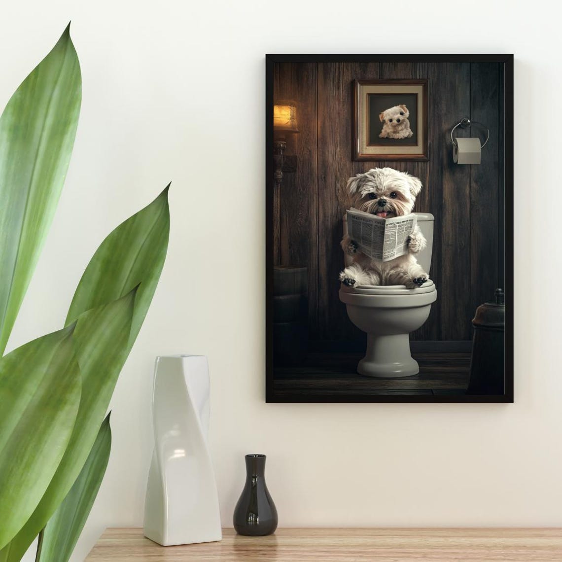 Maltese Sitting On Toilet Reading Newspaper Funny Bathroom Poster - Image 2