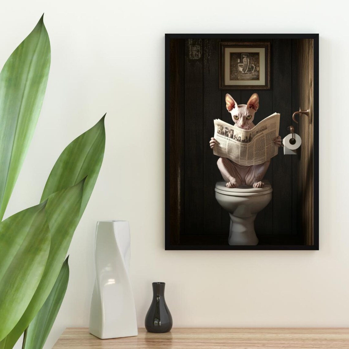 Sphynx On Toilet Bathroom Cat Poster Art Print - Image 2