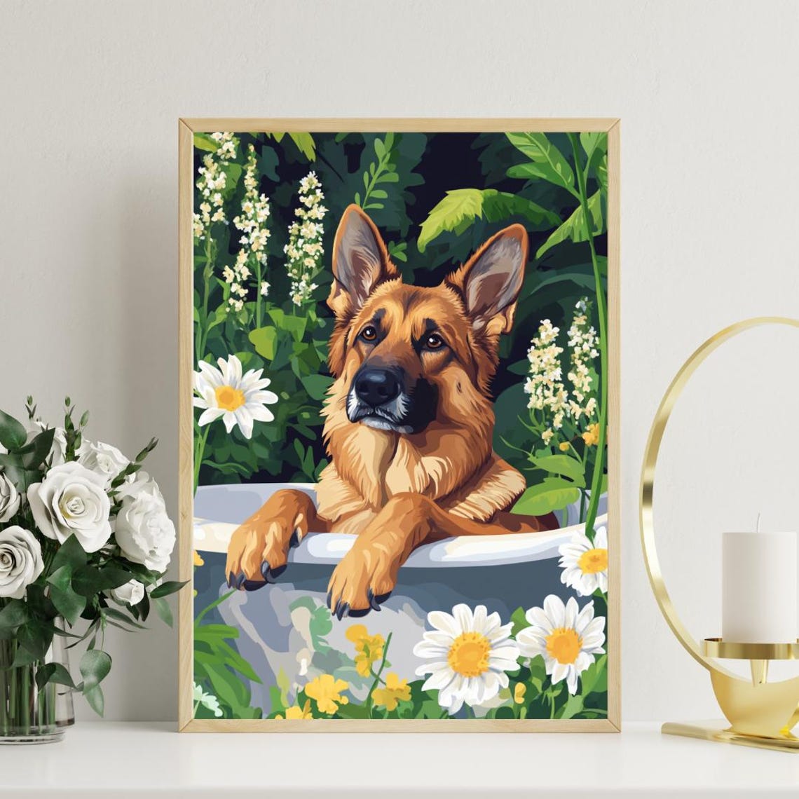 German Shepherd in Bathtub Big Dog Bathroom Daisy Floral Art Poster - Image 3