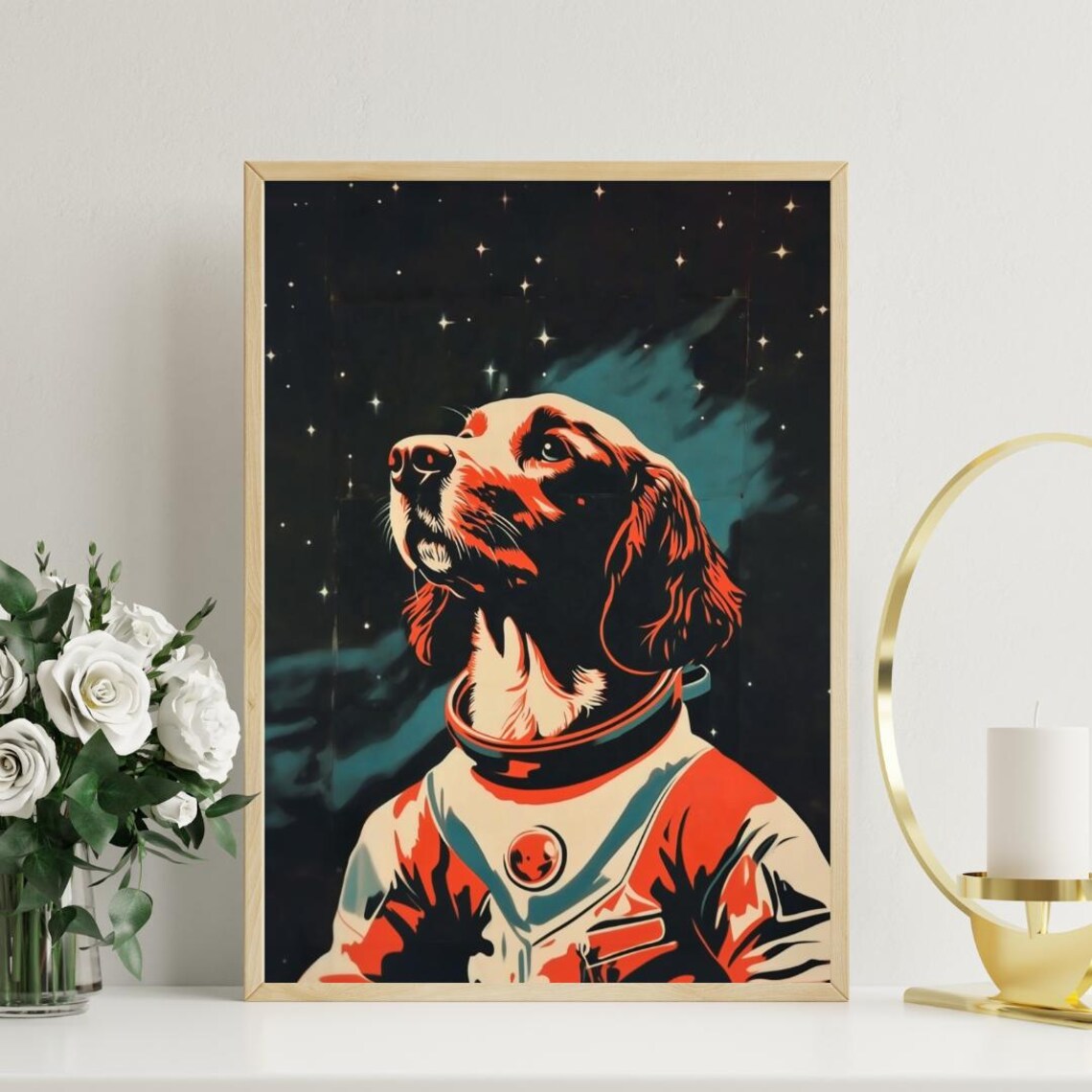Boykin Spaniel Astronaut Retro Space Suit Stars Night Sky Portrait Poster - Image 3