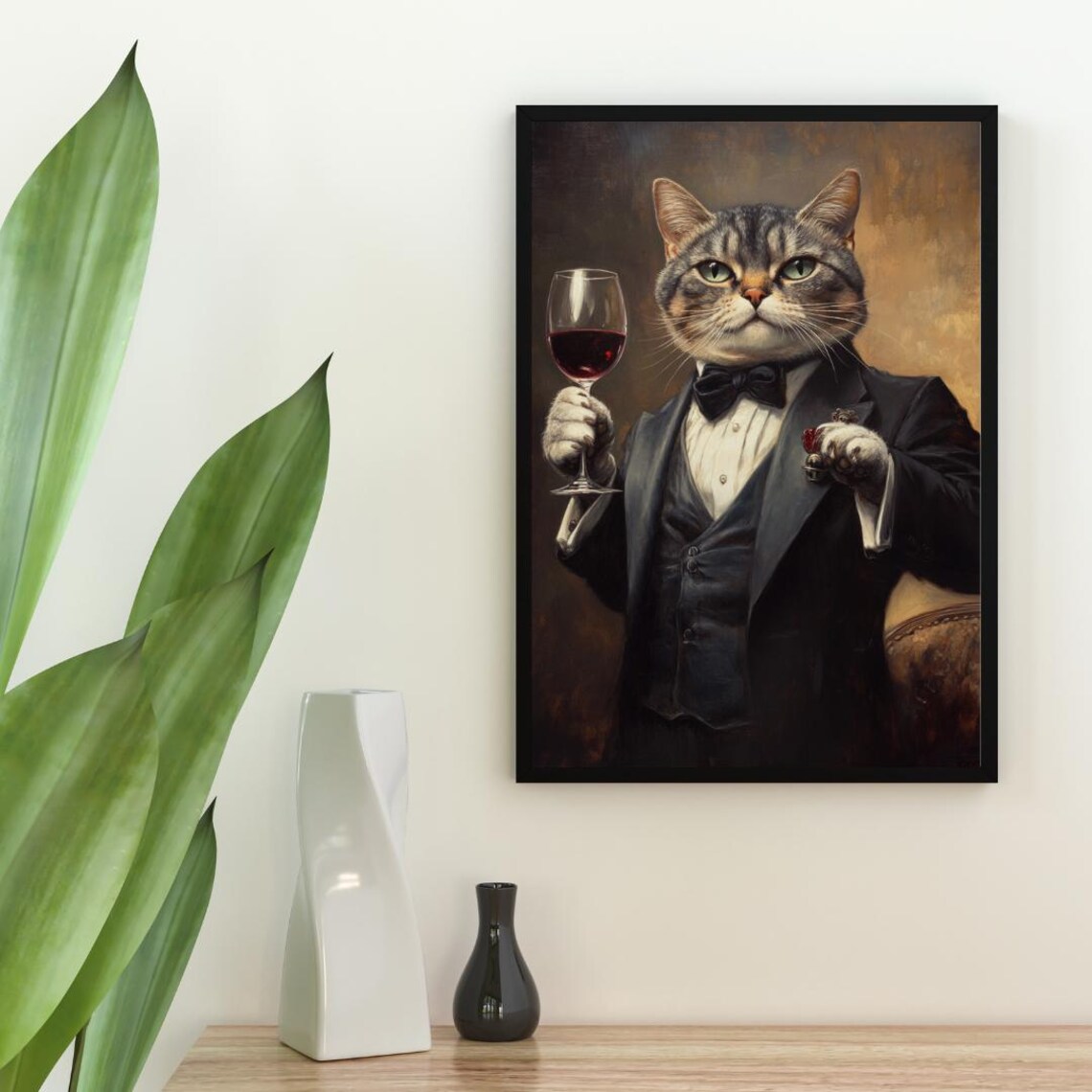 Scottish Fold In Tuxedo Holding Red Wine Glass Gray Cat Portrait Poster - Image 2