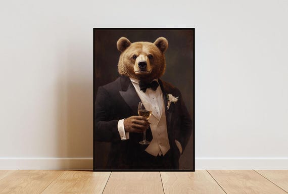 Brown Bear In Tuxedo Poster Animal Poster Bear In Suit Print Bear Portrait Animal Living Room Poster Funny Bear Print Brown Bear Art