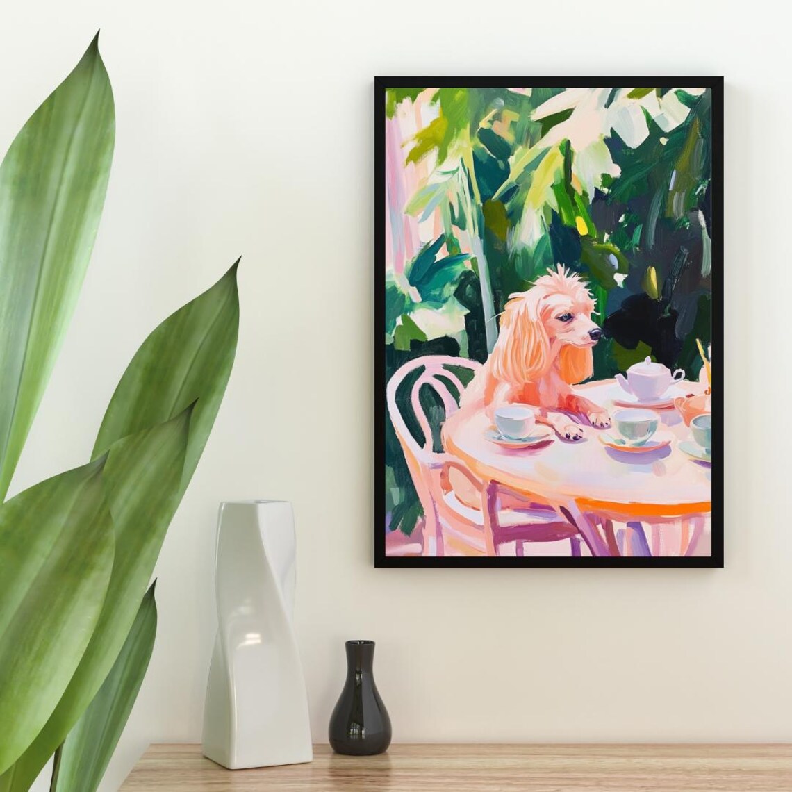 Cream Longhaired Dog Tea Party Colorful Oil Painting Cute Pet Poster - Image 2