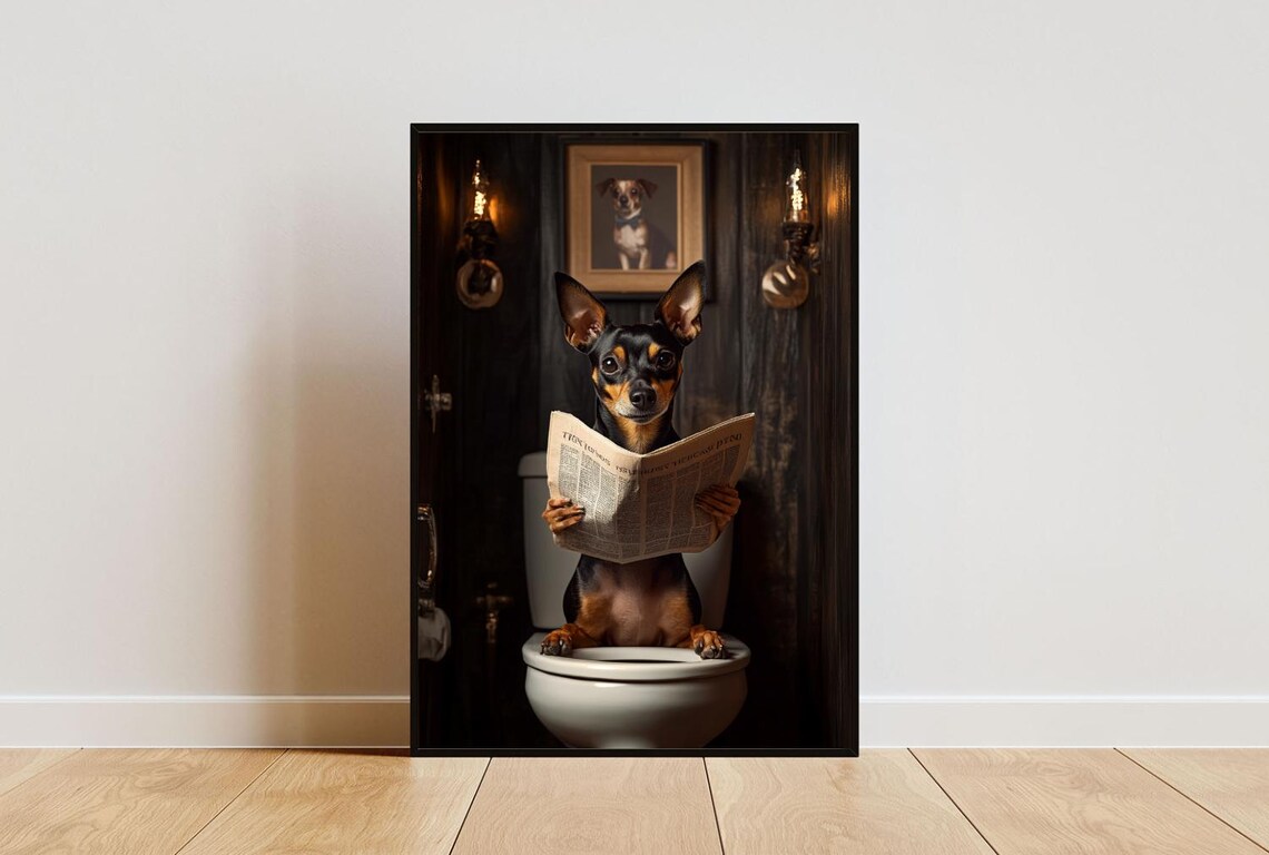 Miniature Pinscher On Toilet Poster Dog Poster Miniature Pinscher Bathroom Print Dog Miniature Pinscher Portrait Dog Bathroom Poster