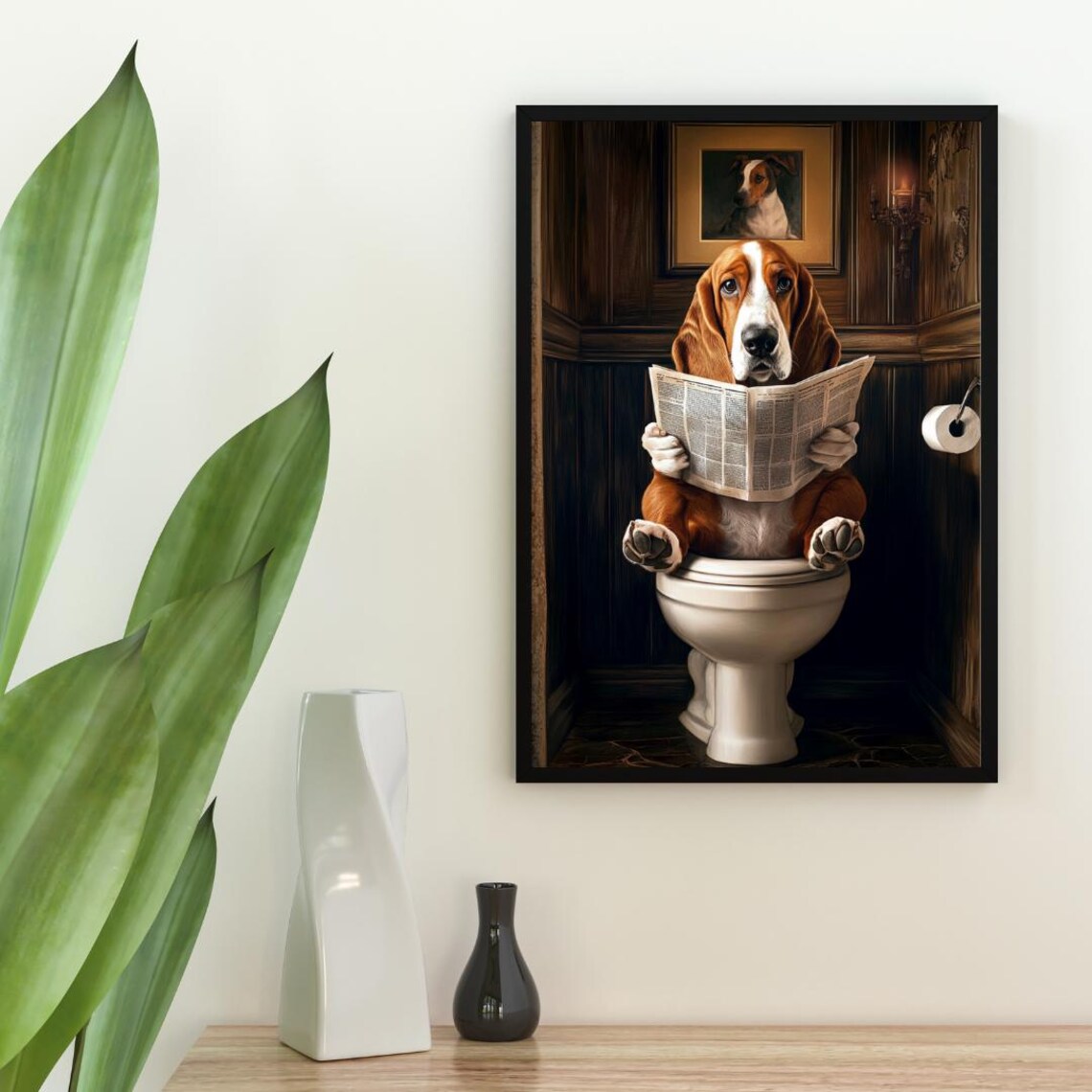 Basset Hound on Toilet Bathroom Art Print - Image 2