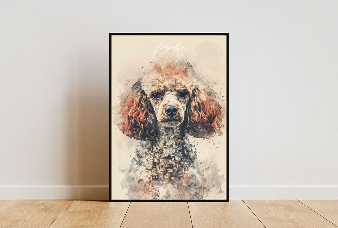 Poodle Watercolor Dog Breed Portrait Poster Script Name Detail