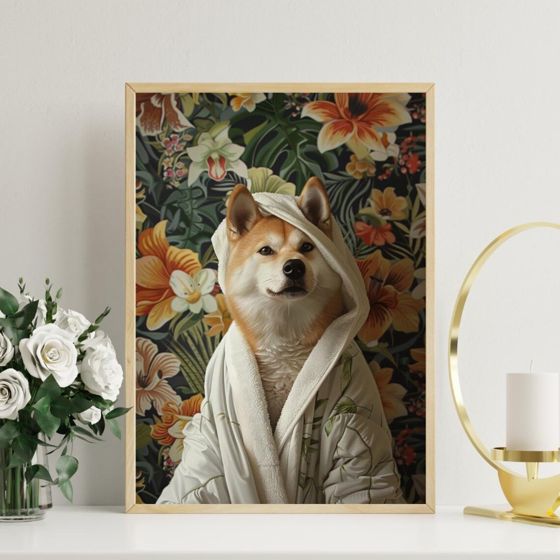 Akita In Bathrobe Bathroom Dog Portrait Art Print - Image 3