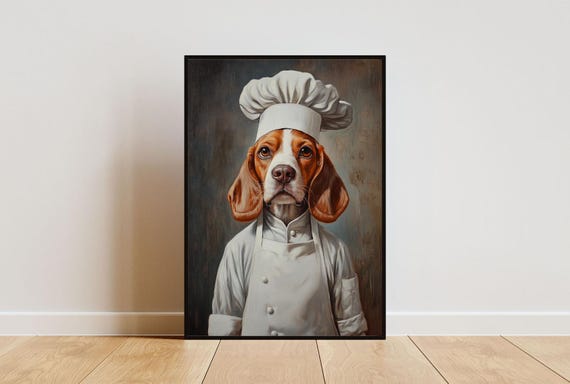 Beagle In Chefs Hat Poster Pet Poster Beagle In Apron Print Funny Dog Wall Art Beagle Portrait Dog Kitchen Poster Funny Beagle Poster