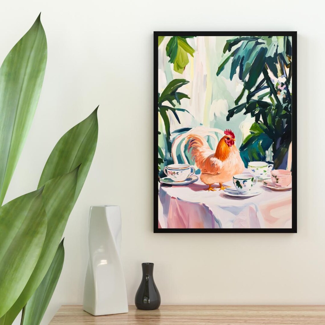 Rooster at Tea Table Whimsical Farm Animal Painting Portrait Poster - Image 2