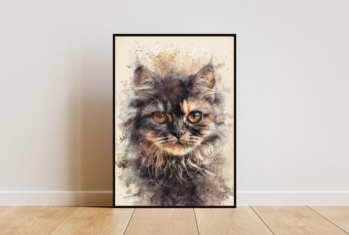 Selkirk Rex Cat Watercolor Portrait Soft Elegant Fine Art Poster