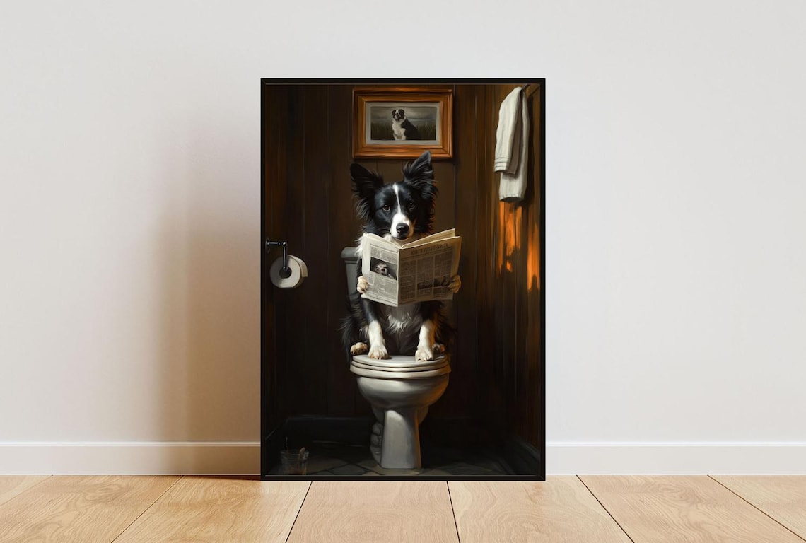 Border Collie Bathroom Poster, Dog Toilet Portrait
