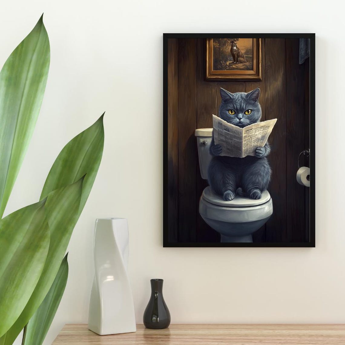 Russian Blue Cat on a Toilet Reading a Newspaper in a Bathroom Poster - Image 2