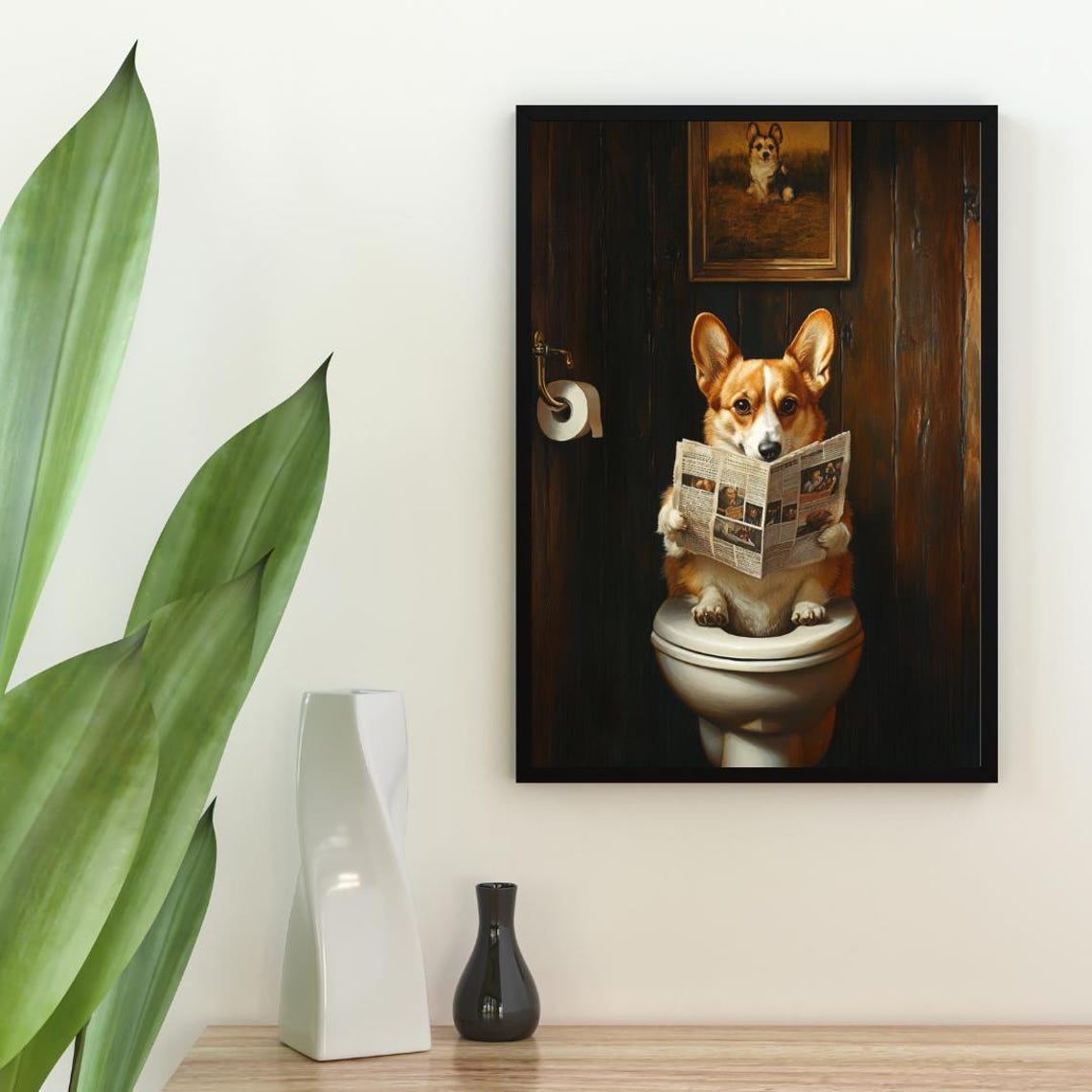 Pembroke Welsh Corgi On Toilet Reading Newspaper Funny Bathroom Poster - Image 2